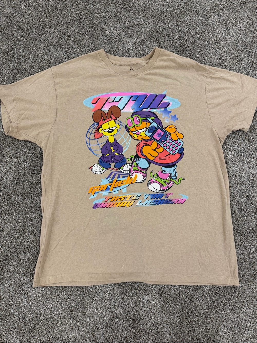 Beige Graphic Short Sleeve Tee with Colorful Cartoon Print